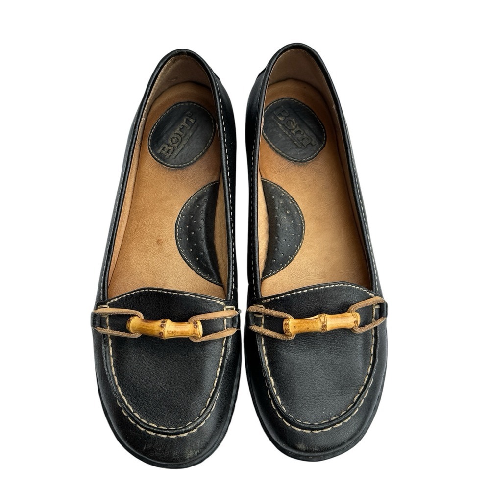 Born Womens Black Leather  Bamboo Toggle Flats Loafers Size 8.5